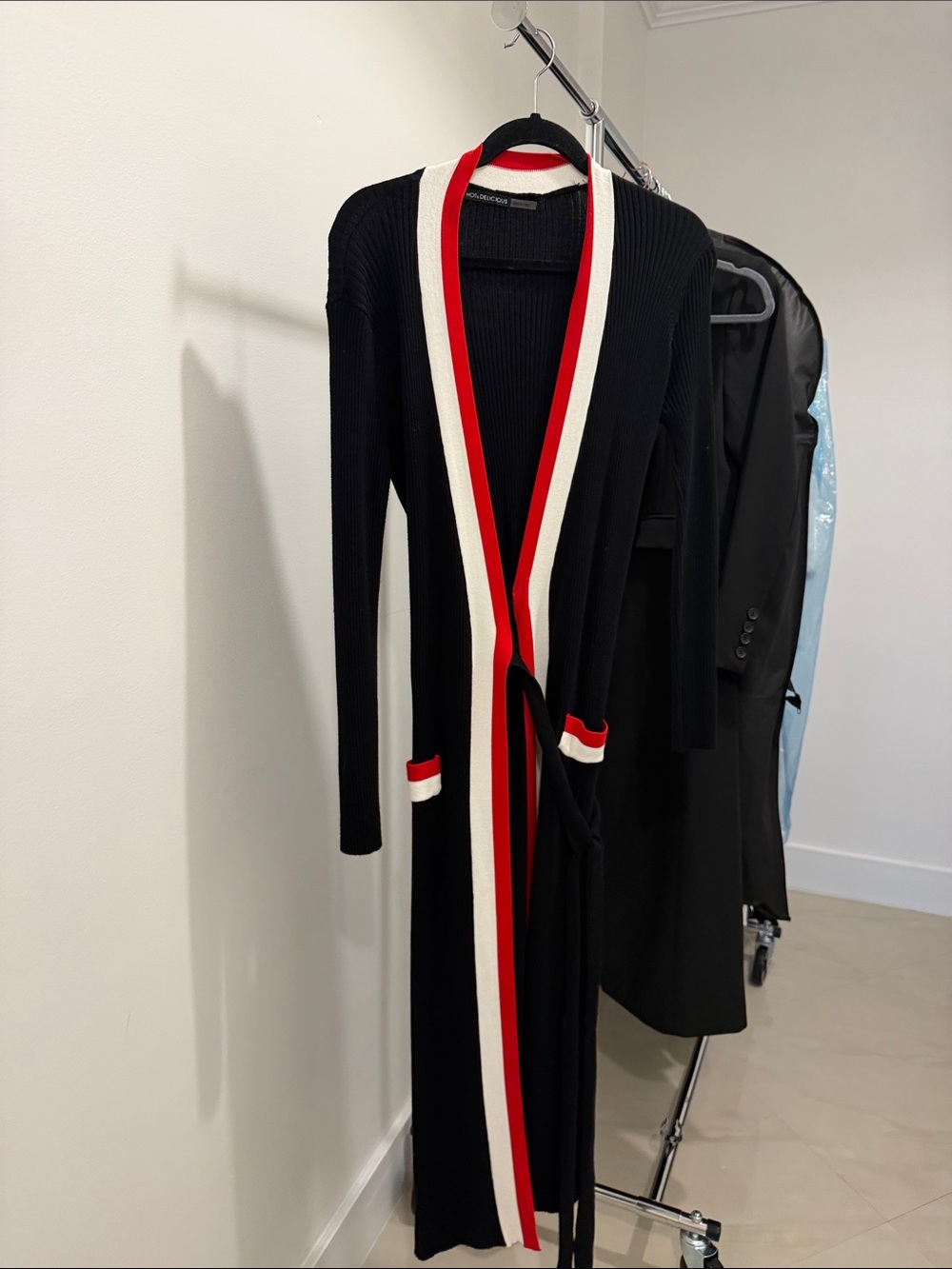 Black Long Knit Cardigan with Red & White Trim